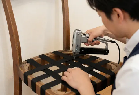 Un tapissier fixe une sangle noire sur un cadre de chaise en bois à l'aide d'un cloueur pneumatique dans un atelier professionnel.