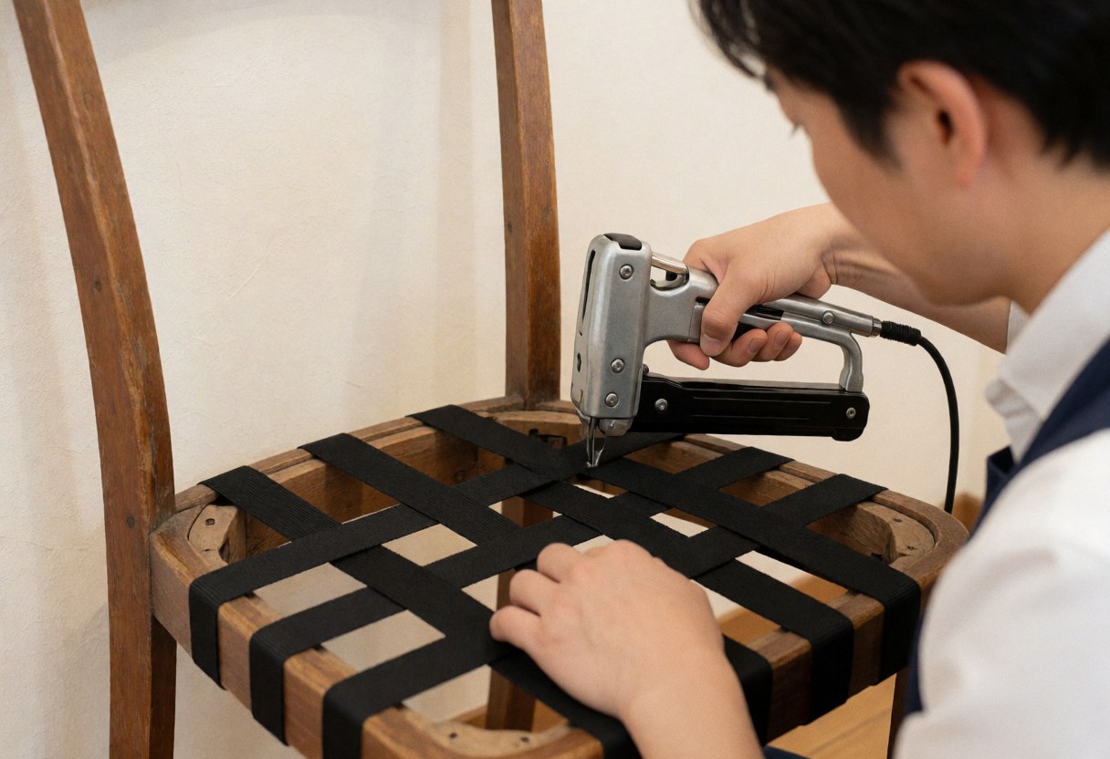 Un tapissier fixe une sangle noire sur un cadre de chaise en bois à l'aide d'un cloueur pneumatique dans un atelier professionnel.
