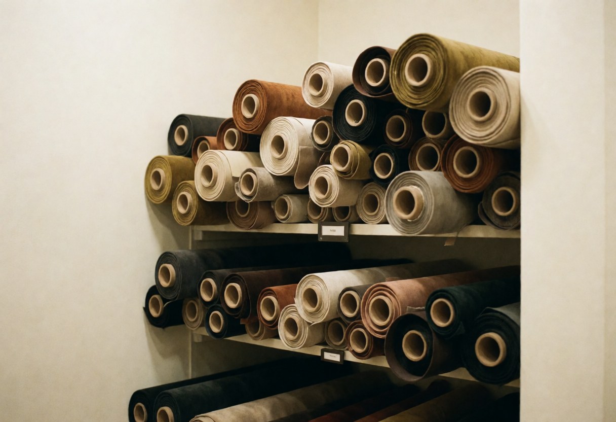 Étagère contenant des rouleaux de tissu en velours et cuir aux tons terre, murs blancs chauds, idéal pour les tapissiers, sans personnes, ambiance professionnelle.