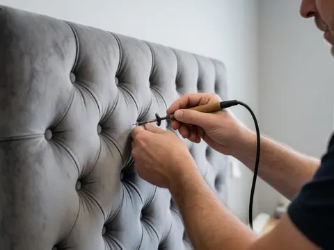 Gros plan d'une main utilisant un outil de tufting sur du tissu gris dans un atelier avec un arrière-plan flou et un éclairage professionnel doux.