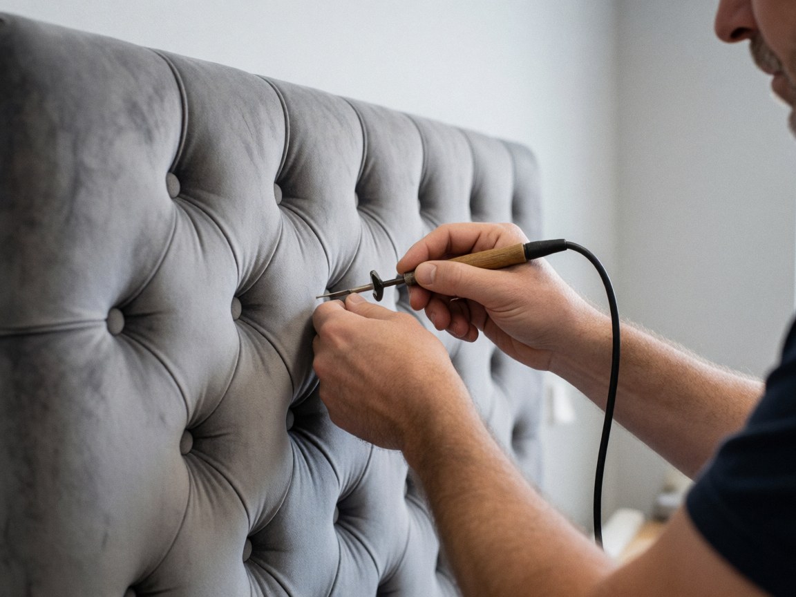 Gros plan d'une main utilisant un outil de tufting sur du tissu gris dans un atelier avec un arrière-plan flou et un éclairage professionnel doux.