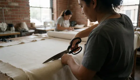 Personne coupant du tissu avec de grandes ciseaux dans un atelier de tapissier avec mur en briques et lumière naturelle.