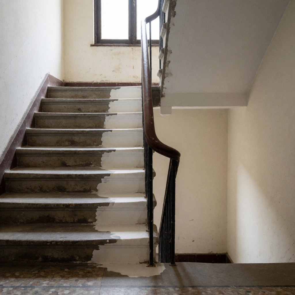 Escalier en béton en cours de restauration avec des marches partiellement peintes, des murs blancs et une lumière naturelle provenant d'une fenêtre haute créant une ambiance de chantier.