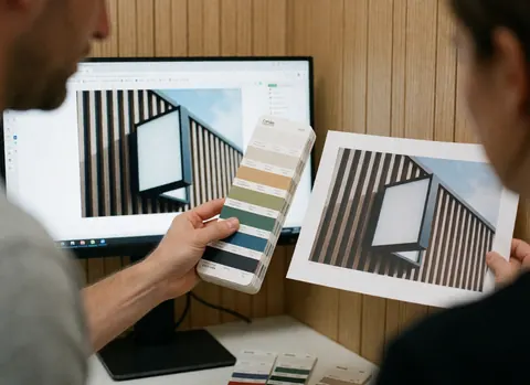 Une main tenant des échantillons de couleur à côté d'une impression papier et d'un moniteur affichant le design dans un bureau aux murs en bois clair.