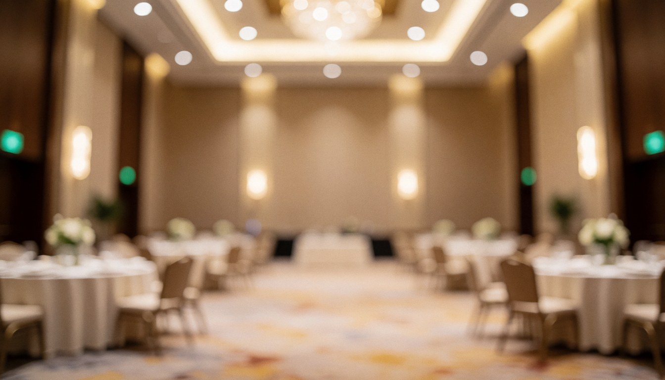 Salle d'événements élégante avec tables rondes nappées de blanc, chaises, lumières chaudes au plafond et murs neutres, idéale pour du texte.