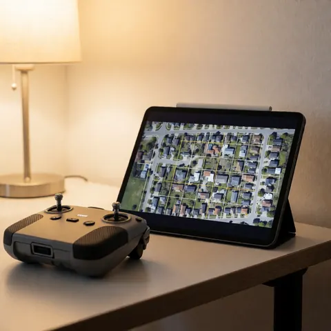 Manette de drone en caoutchouc et joystick à côté d'une tablette affichant une vue aérière, posées sur une table éclairée par une lampe chaleureuse.