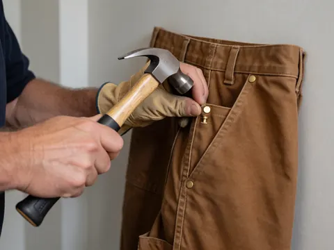 Une main portant un gant de travail utilise un marteau et un clou pour renforcer la poche d'un pantalon en tissu marron. Arrière-plan gris clair et lumière naturelle.
