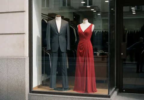 Vitrine d'un magasin de vêtements avec deux mannequins portant un costume gris et une robe rouge, éclairés par la lumière naturelle.