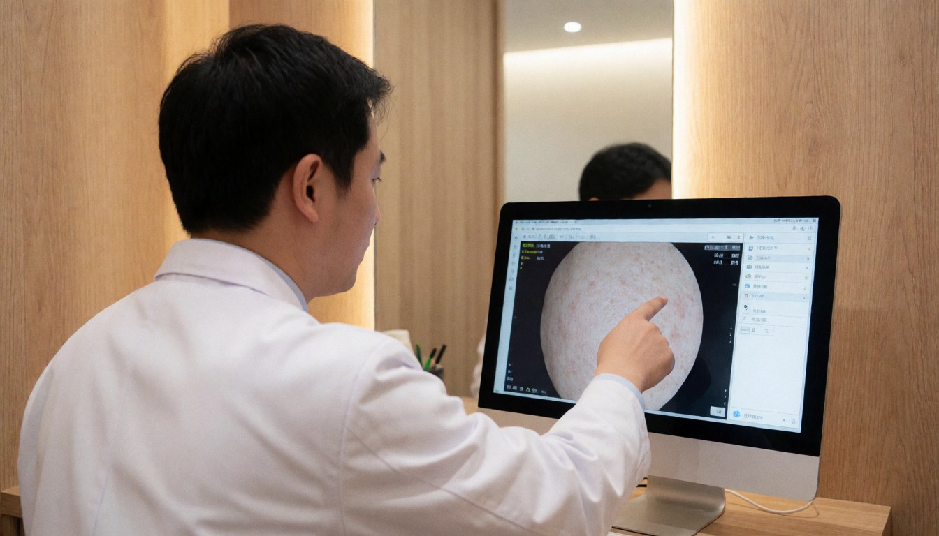 Un médecin en blouse blanche examine une analyse cutanée sur un écran dans un bureau aux murs clairs et à l'éclairage doux.