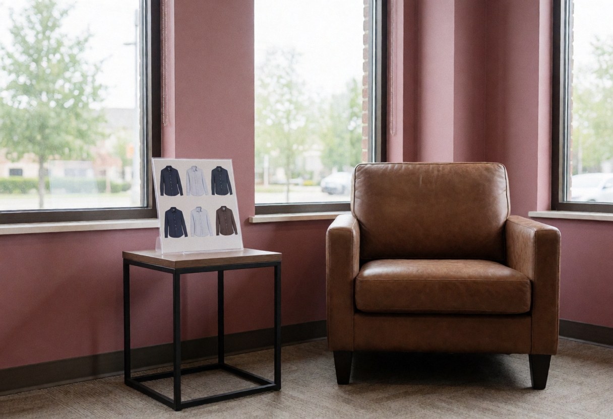 Salle d'attente avec un fauteuil en cuir marron, une table portant un catalogue de chemises, de grandes fenêtres laissant entrer la lumière naturelle et des murs couleur rose poudré.