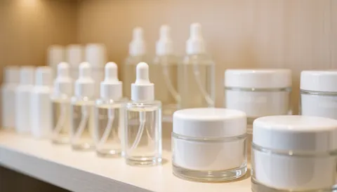Étagère de spa avec sérums en flacons en verre et masques dans des pots blancs, fond doux et chaud, idéal pour textes commerciaux.