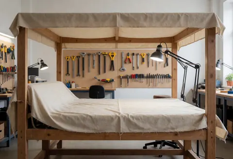 Atelier de tapisserie vide avec grand cadre en bois couvert de tissu, outils suspendus au mur et lampes de travail allumées.