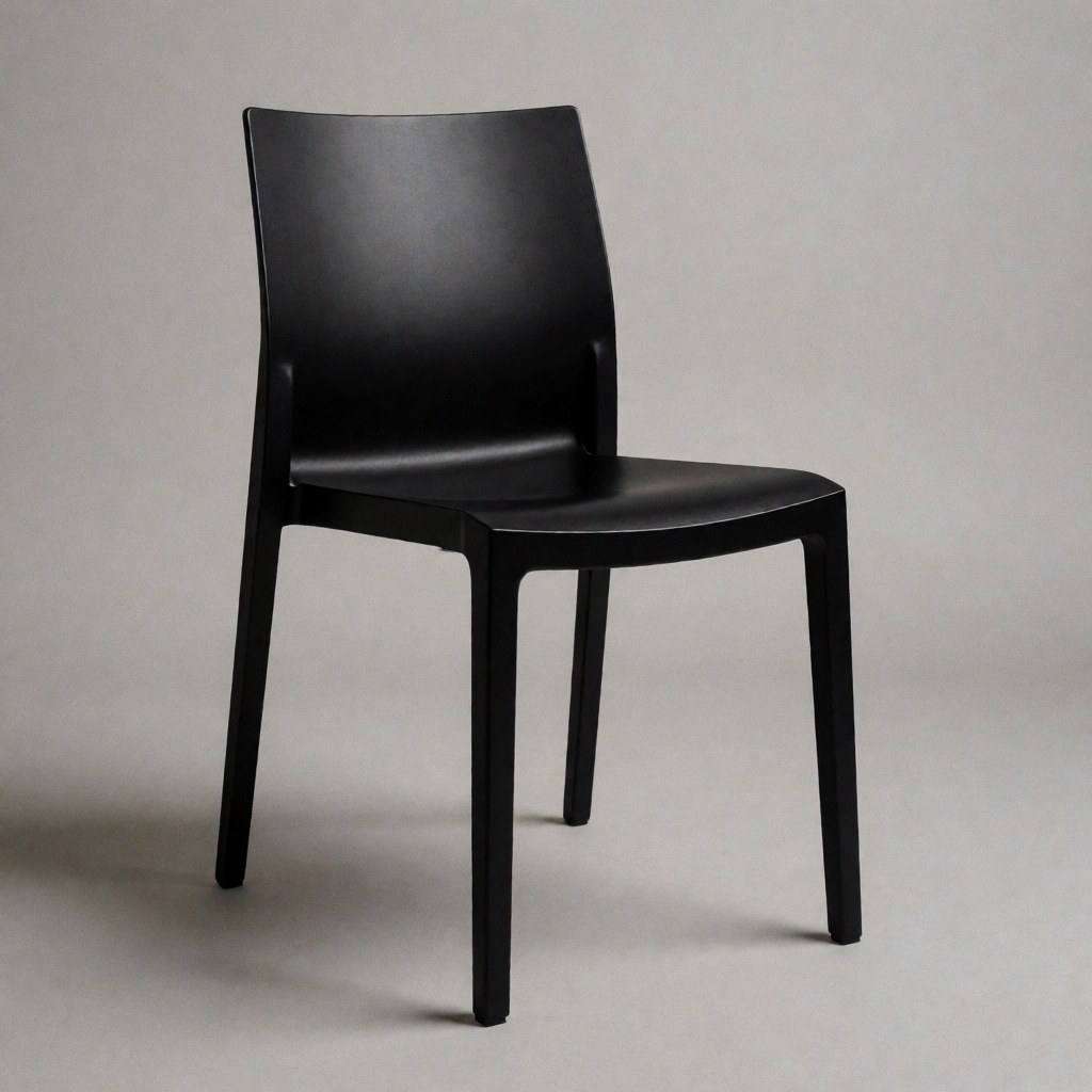 Chaise de jardin noire au design minimaliste et finition mate, idéale pour les événements et la location de mobilier.