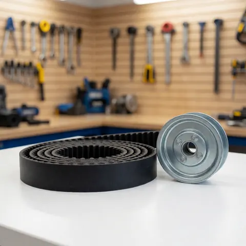Nouvelle courroie noire et poulie métallique sur table blanche, fond d'atelier avec outils suspendus sur mur en bois clair.