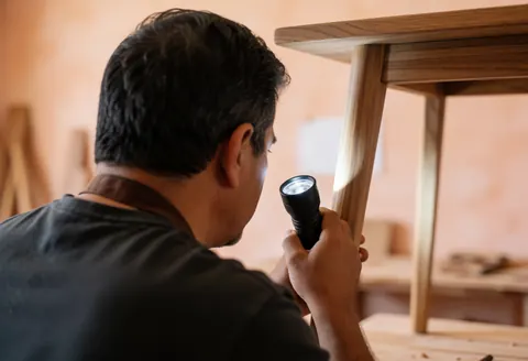 Un menuisier professionnel examine la structure d'une table en bois dans son atelier avec une lampe de poche, mettant en évidence le travail et les outils.
