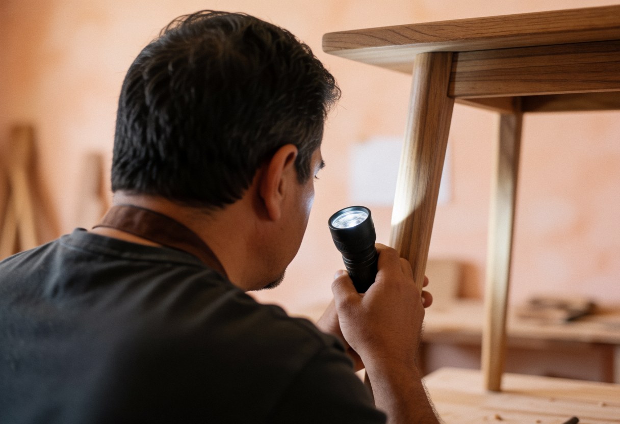 Un menuisier professionnel examine la structure d'une table en bois dans son atelier avec une lampe de poche, mettant en évidence le travail et les outils.