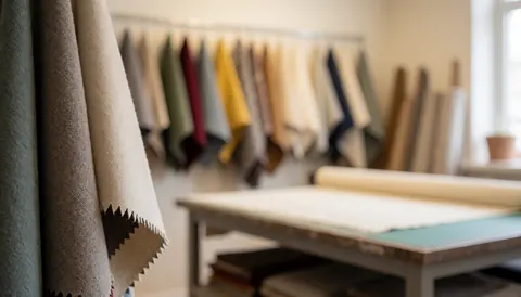 Atelier d'upholsterie avec tissus colorés suspendus, table de coupe en bois et lumière naturelle, fond neutre pour texte.