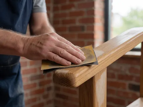 Une main adulte utilise du papier abrasif pour poncer une pièce de meuble en bois dans un atelier, devant un mur en briques et sous une lumière naturelle.
