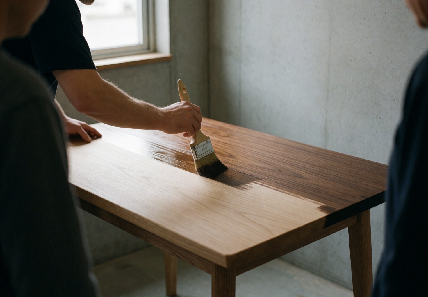Un professionnel applique une teinture noyer sur une table en bois clair dans un atelier aux murs de béton, la lumière naturelle révèle le brillant du fini.