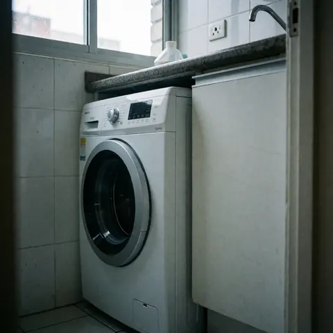 Machine à laver blanche moderne installée dans un espace réduit, près d'un plan de travail en granit et de murs carrelés blancs, éclairée par la lumière naturelle.