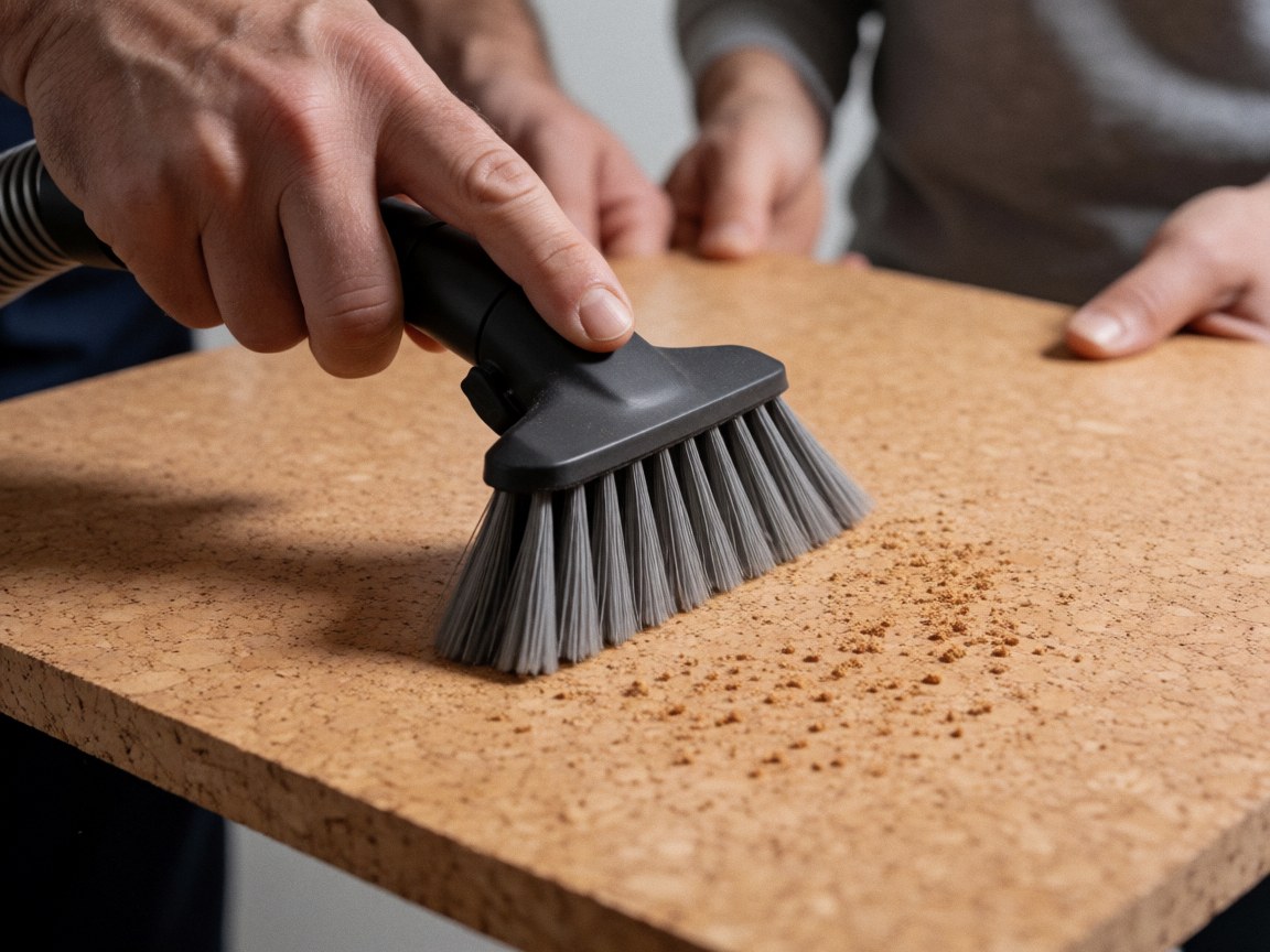 Brosse d'aspirateur nettoyant un sol en liège avec poussière visible, mains travaillant avec un outil de nettoyage, éclairage naturel et texture du matériau.