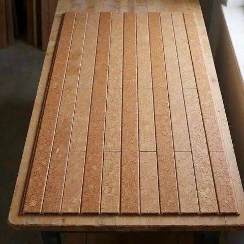 Listelles de liège pour sol disposées en rangée sur un établi en bois, avec texture naturelle, éclairage latéral et ombres douces.