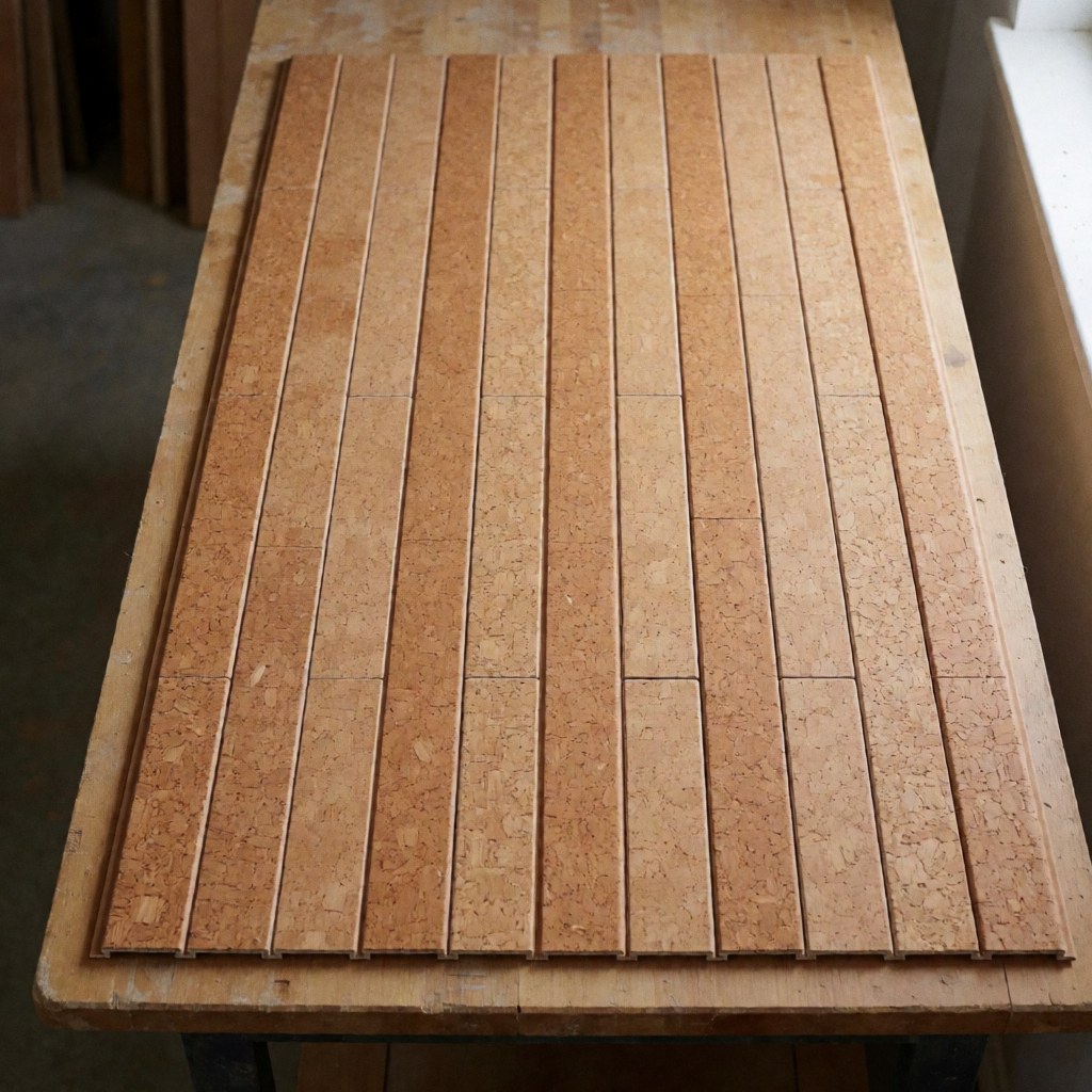 Listelles de liège pour sol disposées en rangée sur un établi en bois, avec texture naturelle, éclairage latéral et ombres douces.