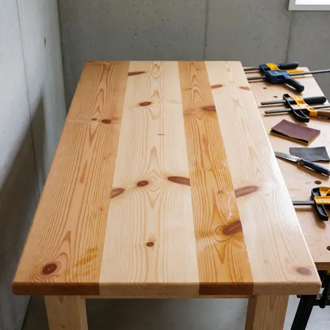 Une table en pin restaurée posée sur un établi, entourée de serre-joints et de papier abrasif, avec des murs en béton en arrière-plan, une finition brillante et un grain de bois visible.
