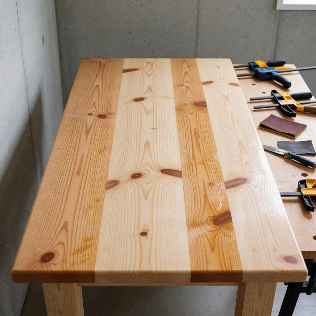 Une table en pin restaurée posée sur un établi, entourée de serre-joints et de papier abrasif, avec des murs en béton en arrière-plan, une finition brillante et un grain de bois visible.