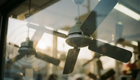 Ventilateur de plafond exposé dans une vitrine sous une lumière chaude, avec un arrière-plan flou idéal pour ajouter du texte dans une boutique de réparation.
