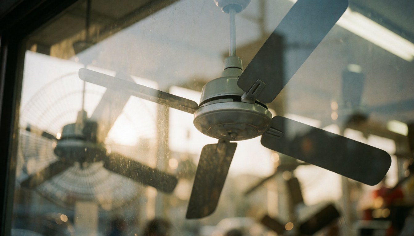 Ventilateur de plafond exposé dans une vitrine sous une lumière chaude, avec un arrière-plan flou idéal pour ajouter du texte dans une boutique de réparation.