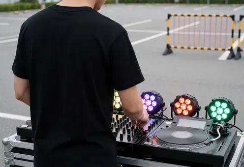 Un dj ajuste les commandes de son équipement audio lors d'une prestation en extérieur avec des lumières et des barrières.