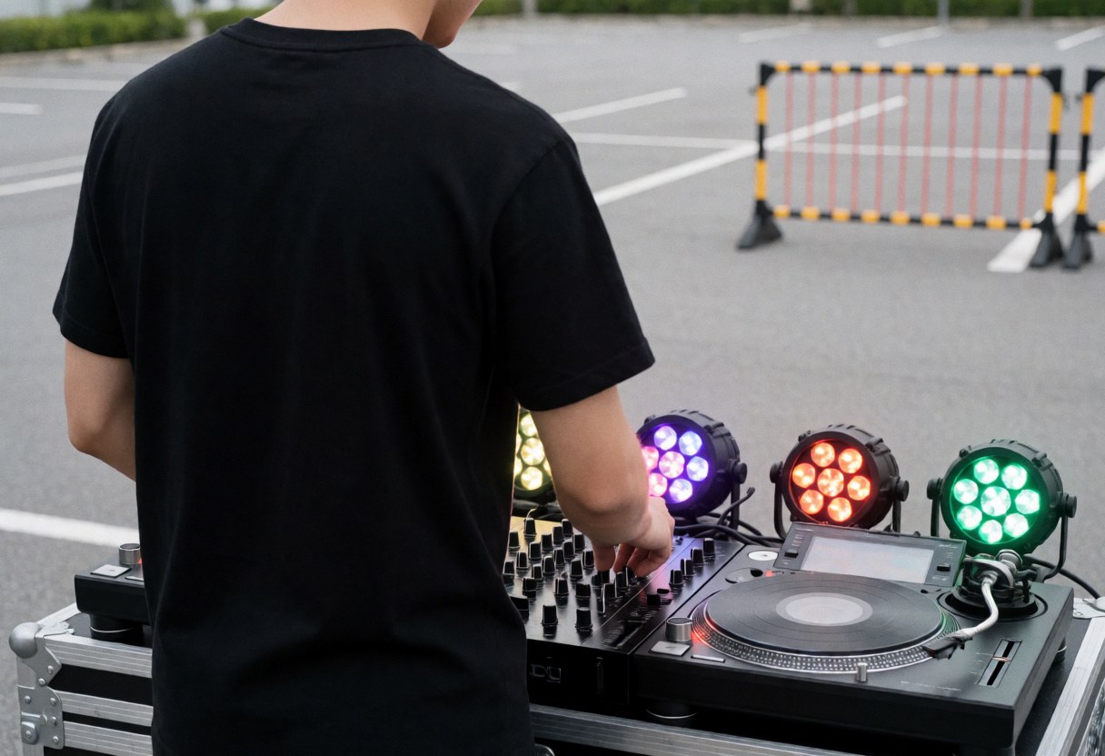 Un dj ajuste les commandes de son équipement audio lors d'une prestation en extérieur avec des lumières et des barrières.