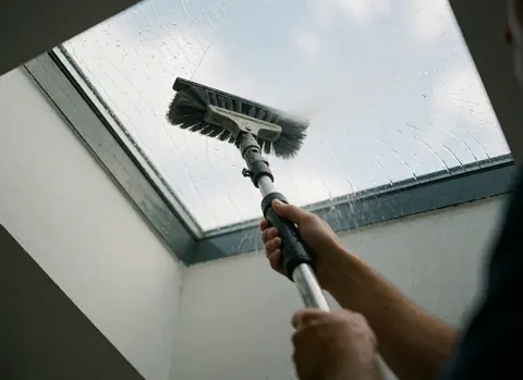Gros plan d'une main tenant une brosse à eau pour nettoyer un plafond vitré. L'eau s'écoule sur la surface transparente tandis que l'arrière-plan reste flou.
