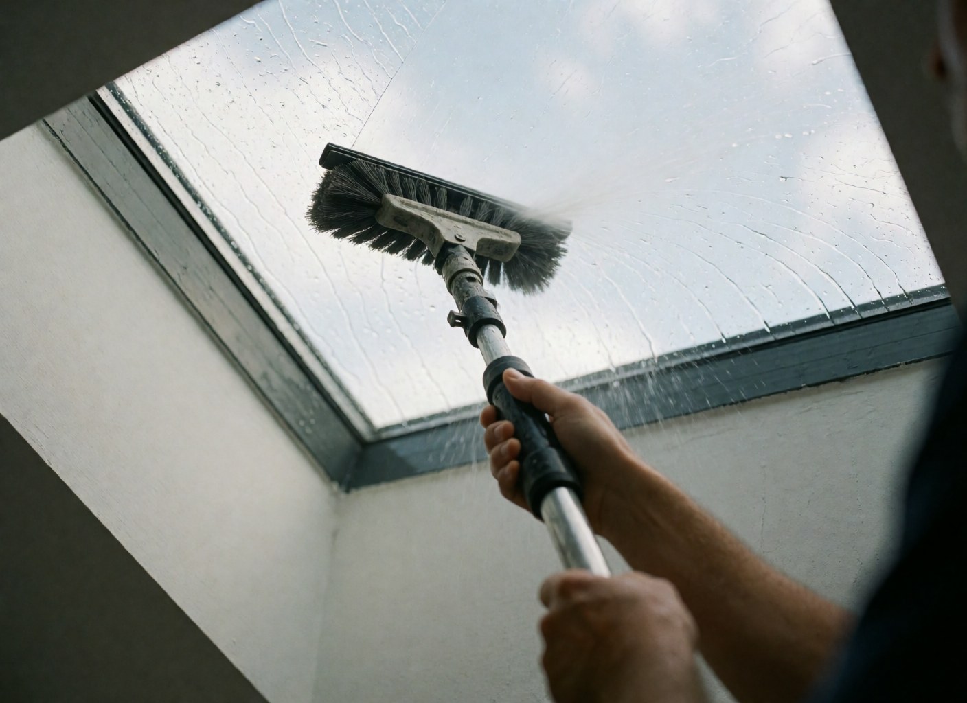 Gros plan d'une main tenant une brosse à eau pour nettoyer un plafond vitré. L'eau s'écoule sur la surface transparente tandis que l'arrière-plan reste flou.