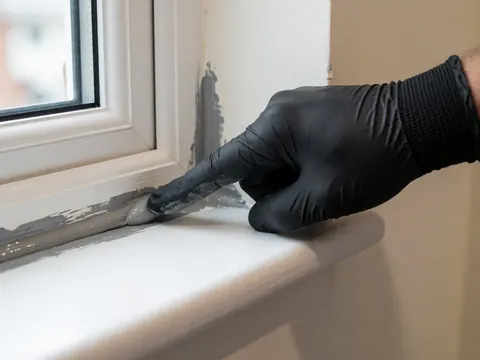 Gros plan d'une main portant un gant noir en train d'appliquer du mastic gris sur le contour blanc d'une fenêtre, illustrant les détails d'un travail de finition.