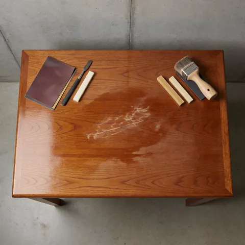 Table en bois poli présentant des traces de réparation, accompagnée de papier abrasif, brosse et bâtons de cire sur un sol en béton.