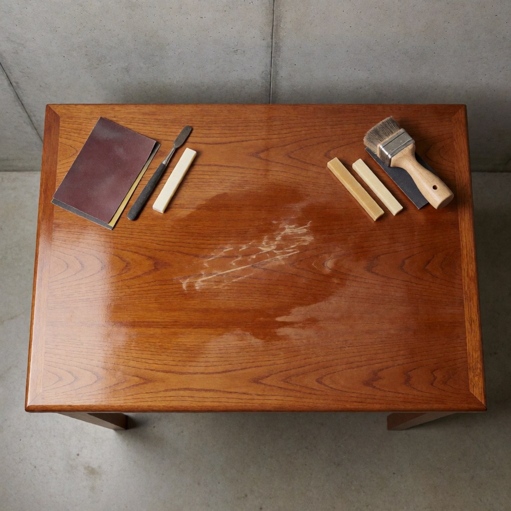 Table en bois poli présentant des traces de réparation, accompagnée de papier abrasif, brosse et bâtons de cire sur un sol en béton.