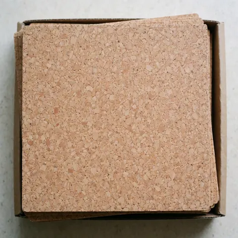 Empilement de dalles de liège naturel à texture granuleuse, emballées dans une boîte en carton sous un éclairage diffus.