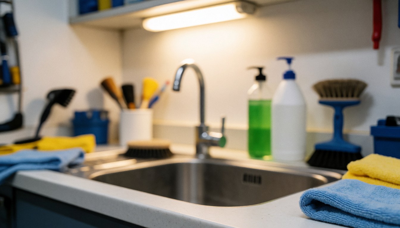 Arrière-plan de nettoyage de micro-ondes avec évier en acier inoxydable, serviettes bleues et jaunes, produits de nettoyage et brosses dans un atelier.