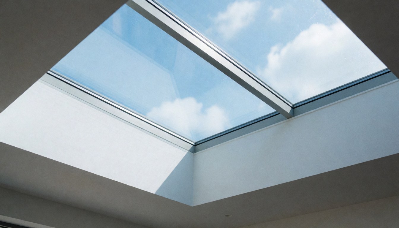 Vue intérieure d'un bâtiment montrant un plafond en verre propre révélant un ciel bleu parsemé de nuages blancs, servant de fond pour des textes sur le nettoyage de vitres.