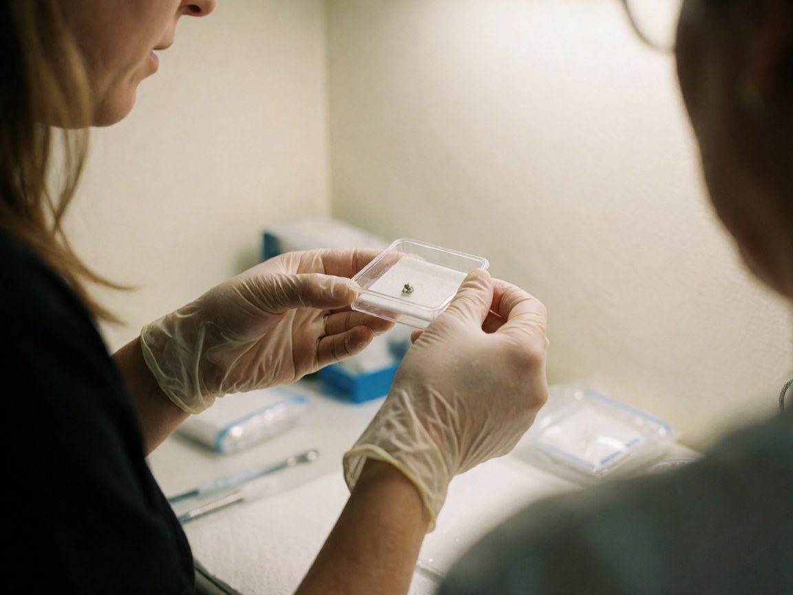 Professionnel portant des gants stérilisant un piercing dans un stérilisateur transparent sur un environnement clinique avec outils médicaux.