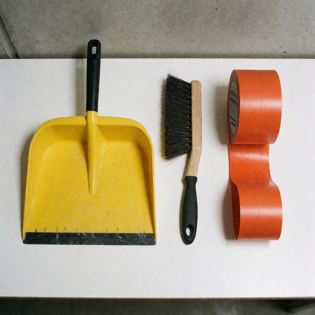 Outils professionnels de nettoyage pour vitres : pelle jaune, brosse à poils durs et rouleau de ruban adhésif orange sur fond blanc.