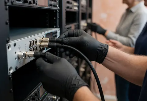 Un technicien en gants noirs connecte un câble XLR à une interface audio, avec du matériel en arrière-plan et une personne observant.