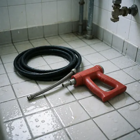 Un tuyau haute pression rouge et noir posé sur un sol en carreaux mouillés, à proximité de robinets et de conduites métalliques dans une salle de bain.