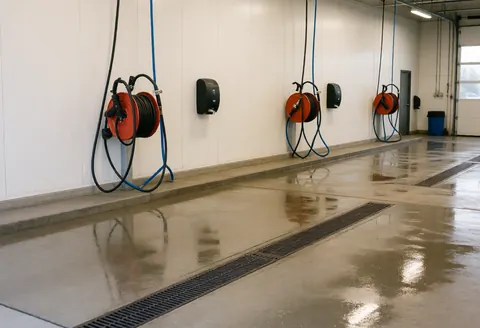 Zone de lavage vide avec tuyaux sur enrouleurs, robinetterie et drains sur sol béton humide.