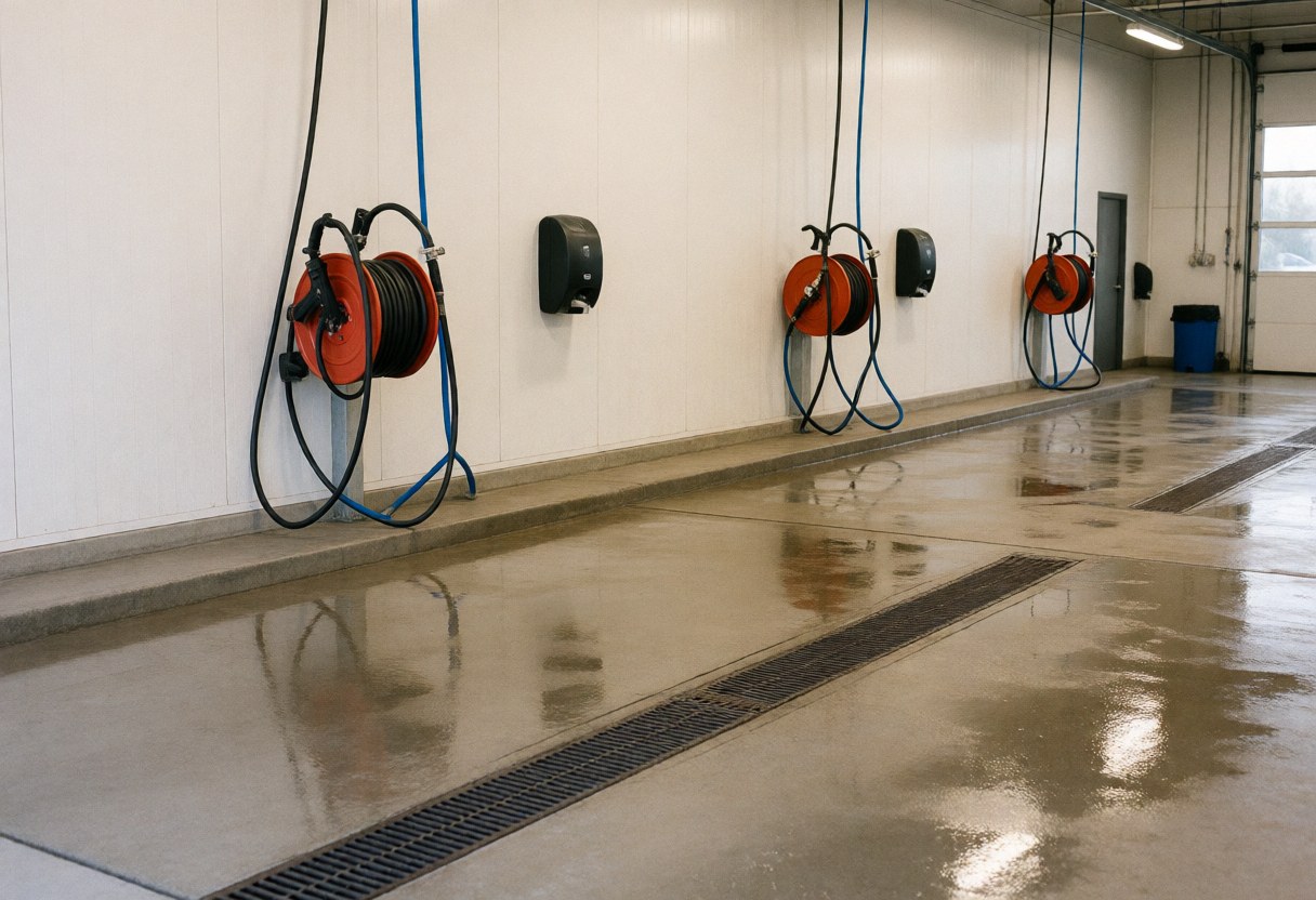Zone de lavage vide avec tuyaux sur enrouleurs, robinetterie et drains sur sol béton humide.
