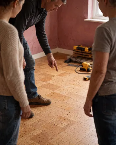 Installateur de sol en liège expliquant les soins à un client dans une pièce aux murs rosés avec des outils en arrière-plan.