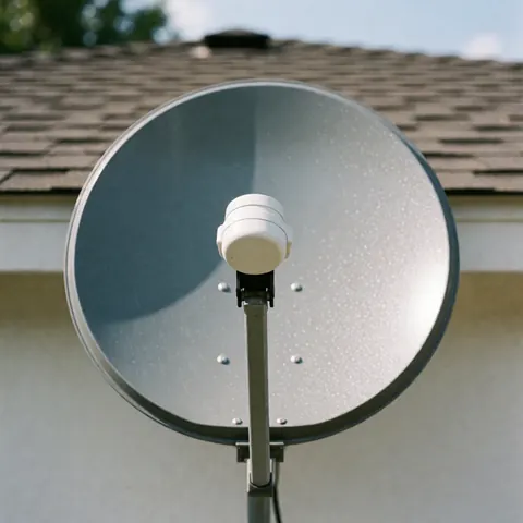 Antenne satellite haute gain avec LNB blanc fixée sur une maison au toit de tuiles et mur blanc, éclairée par la lumière naturelle.