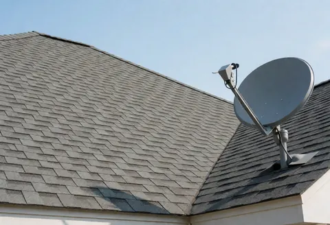 Antenne satellite fraîchement posée sur un toit de maison avec des tuiles grises sous un ciel bleu clair, illustrant les services d'installation.